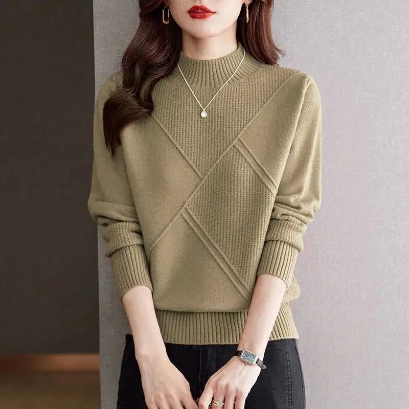 Áo Sơ Mi Lớp Nền Dệt Kim, Cổ Lọ Nửa Cho Nữ, Phong Cách Phương Tây, Thường Ngày Và Dáng Rộng Rãi, Thời Trang, Phù Hợp Bên Trong, Thích Hợp Cho Mùa Thu Và Mùa Đông, Hàng Mới Về Năm 2024
