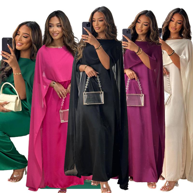 Product Introduction of Muslim women's round neck, loose and large hem Middle Eastern robe chiffon dress 1