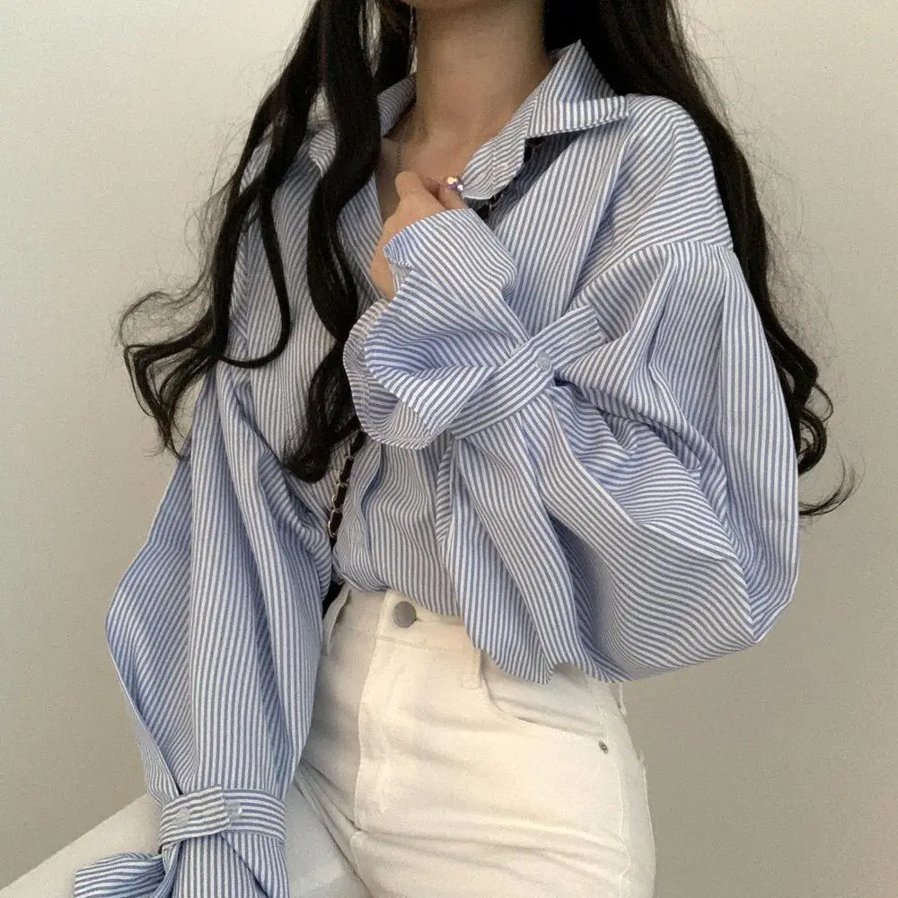 Áo Sơ Mi Sọc, Phong Cách Preppy Thiết Kế Dáng Rộng Rãi Và Dễ Phối Đồ Tay Phồng, Phong Cách Hàn Quốc, Hàng Mới Về Mùa Xuân 2024, Dành Cho Nữ