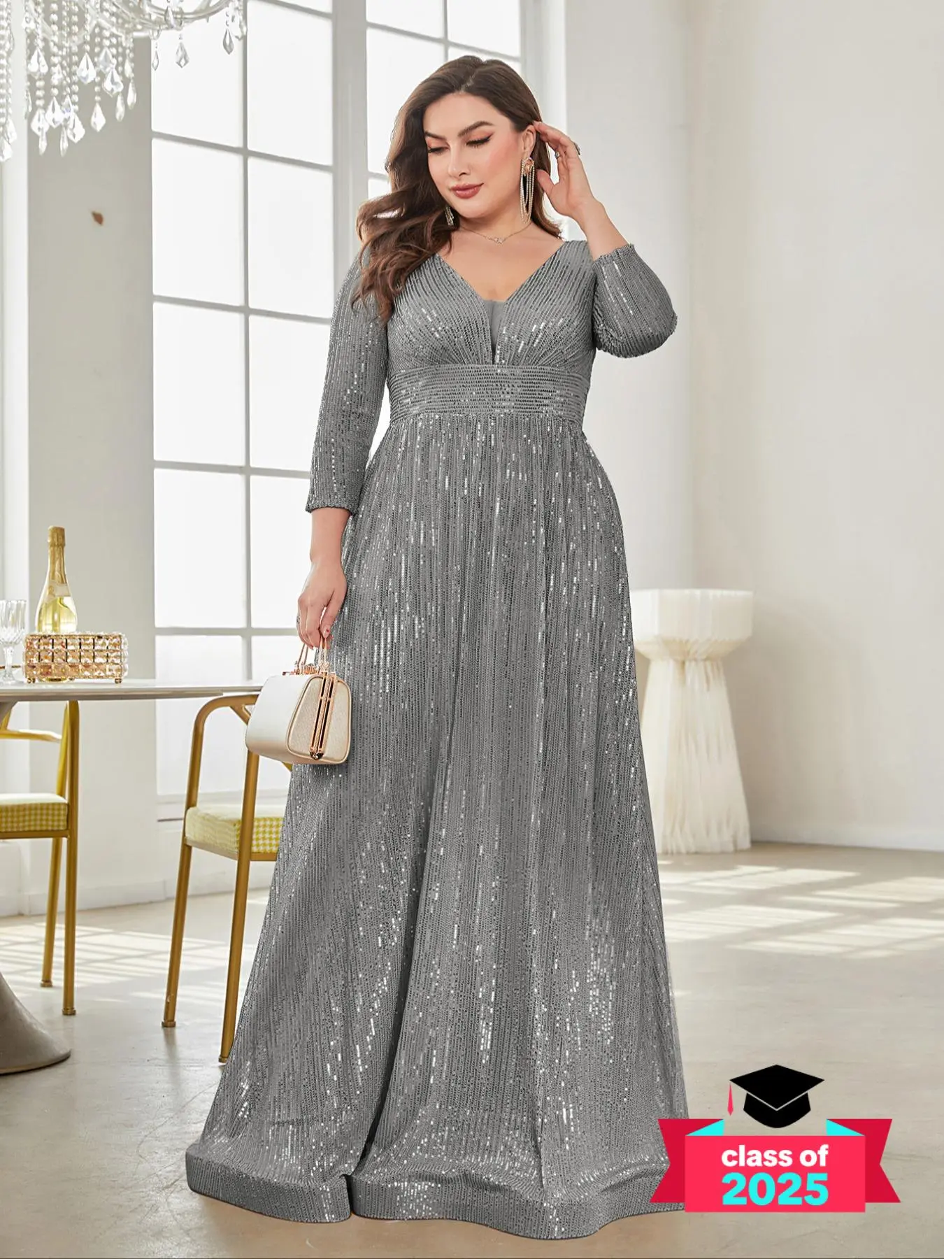 【Plus Size】 Contrast Sequin Zipper Back A Line Dress, Elegant V Neck Long Sleeve Party Evening Gown, Women's Clothes for All Seasons