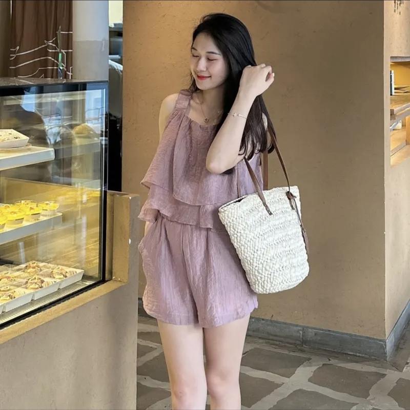 Set hai dây 2 tầng dây áo bản to siêu xinh set 2 dây đũi tơ kèm quần short cạp cao chun co giãn