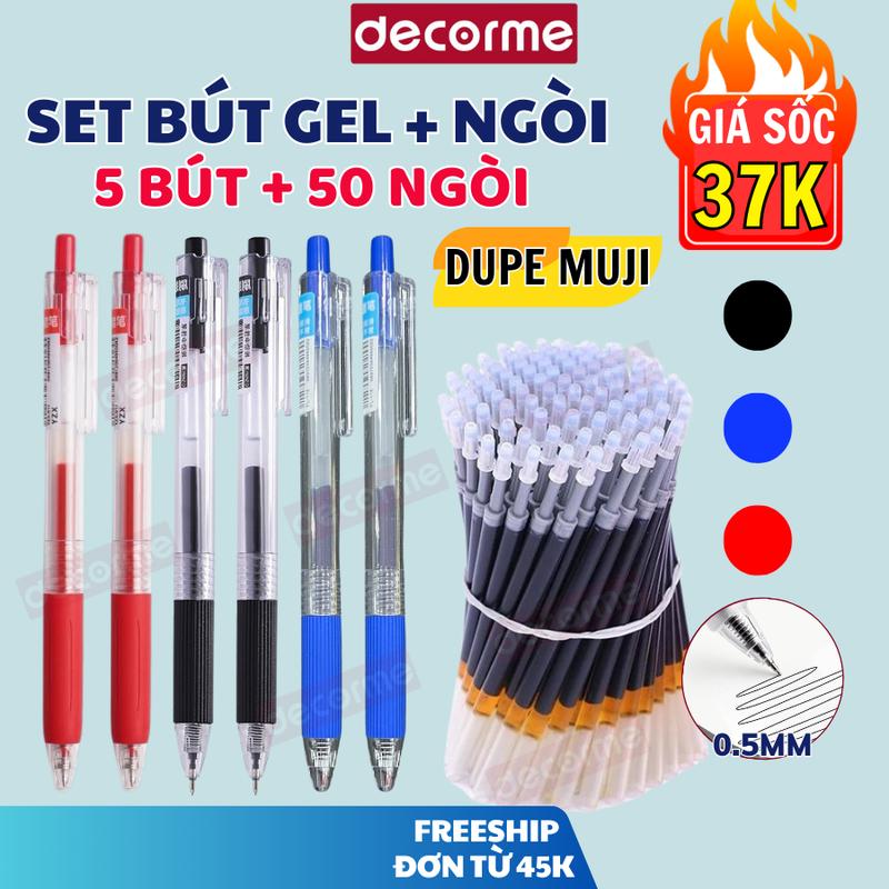 5 bút + 50 ngòi Bút bấm ngòi 0.5 thân trong suốt DecorMe bút gel đen xanh đỏ viết đều mực phụ kiện văn phòng phẩm