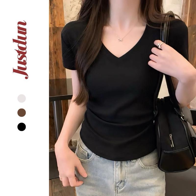 [XẢ KHO] Áo thun cổ tim cotton mềm mịn ôm body Justdun C29