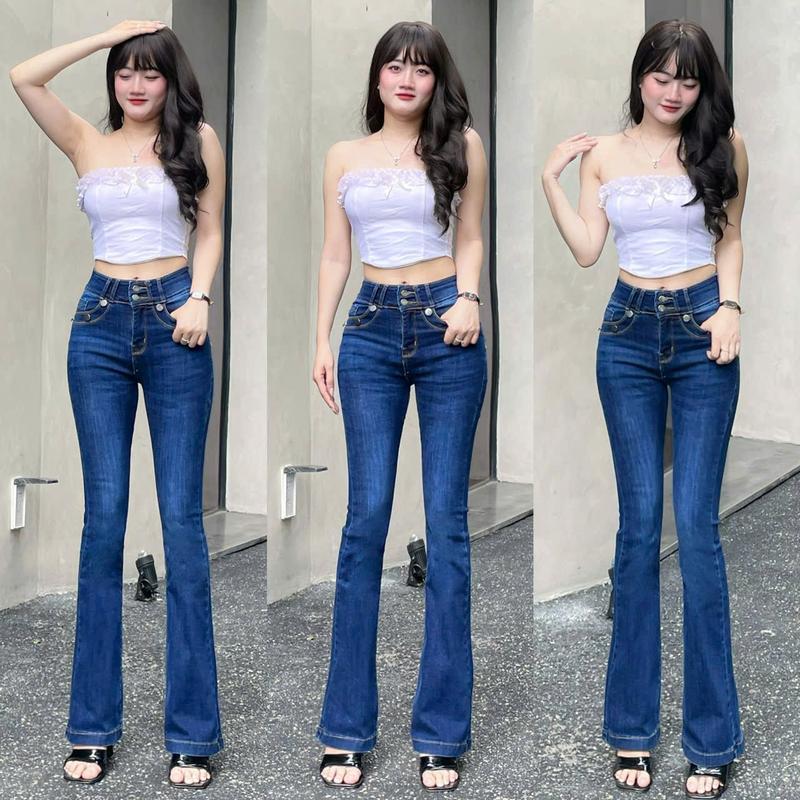 Quần Jean Nữ Ống Loe Ulee Xanh Đính Nút Vải Co Giãn Bigsize 40-70kg - Women, Pants