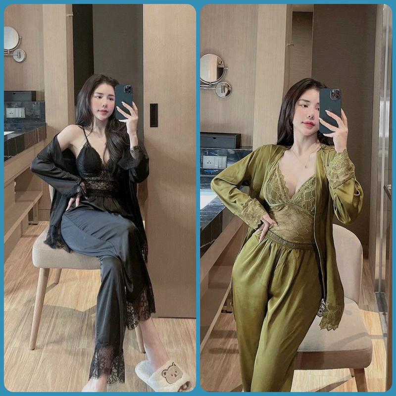  Set 3  Đồ bộ mặc nhà áo 2 dây Sexy quần dài chất liệu lụa latin Siêu Mát có áo choàng Nữ Nhung Women Tua Rua Top 