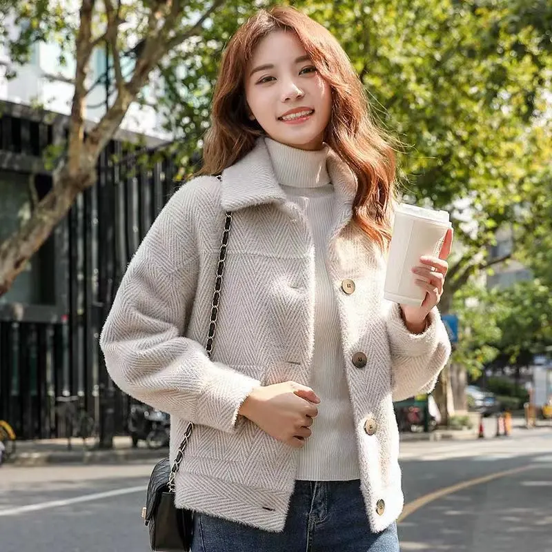 Áo Khoác Ngắn Len Giống Lông Chồn, Dành Cho Nữ, Áo Cỡ Nhỏ Phong Cách Hàn Quốc, Dễ Phối Đồ Áo Khoác Lông Chồn Vàng, Trang Phục Nữ Mùa Thu Đông, Năm 2024 7