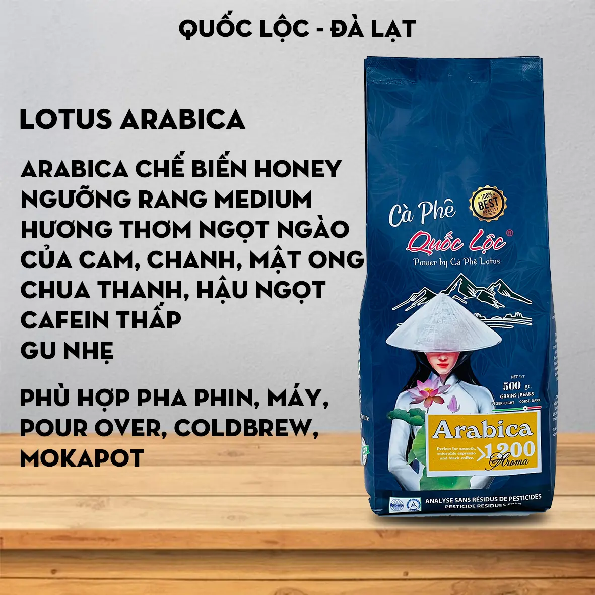 Cà phê Lotus Arabica Cầu Đất - Arabica Honey - Gói 500gr - Cafe, Coffee