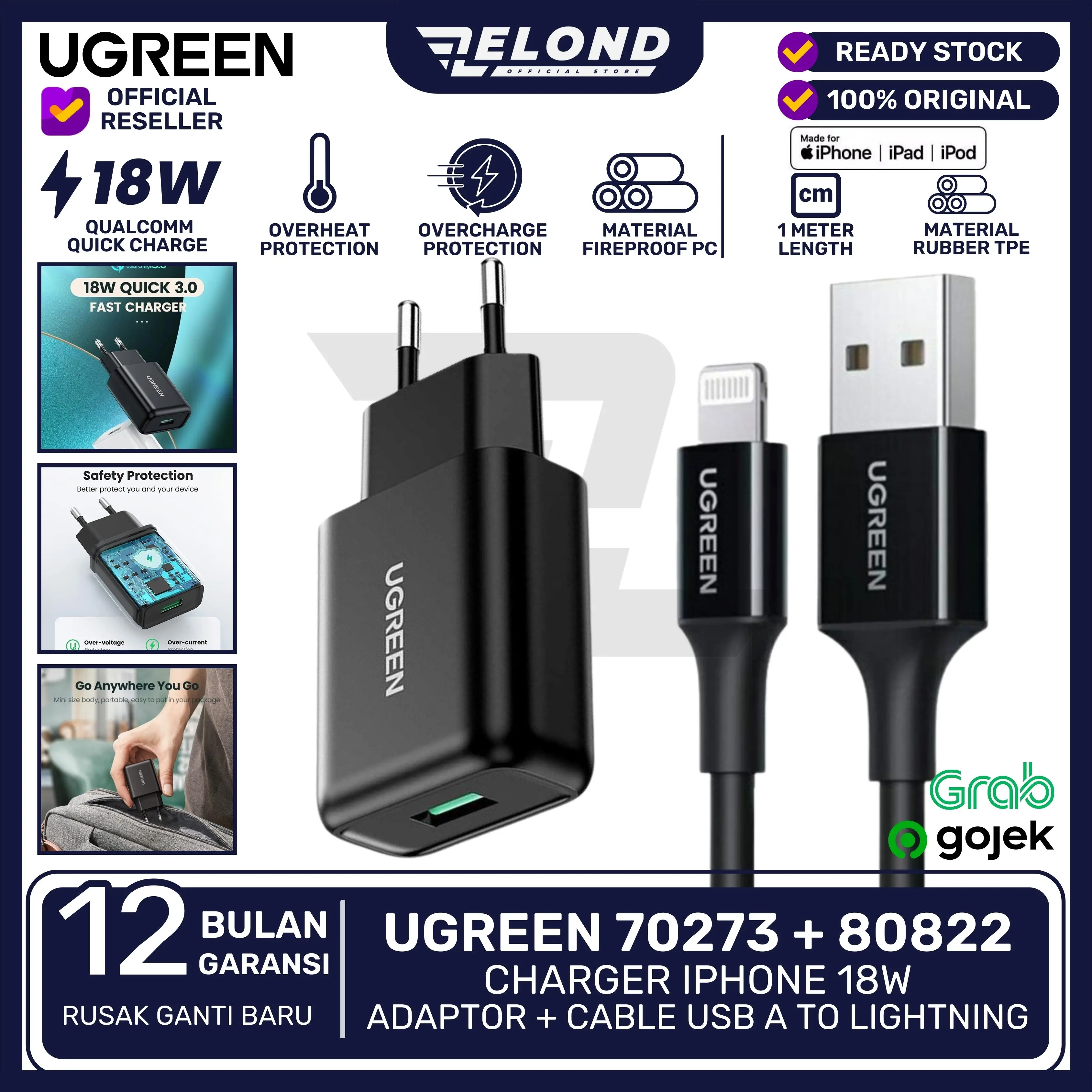 UGREEN Charger iPhone 18W Adaptor + Kabel USB Type A To Lightning MFI