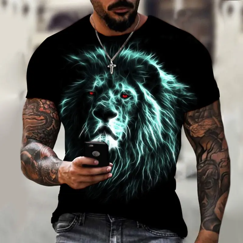 Men's 3D Shirt Lion Print New Style Fashion Summer Street Clothing Round Neck Short Sleeve Shirt