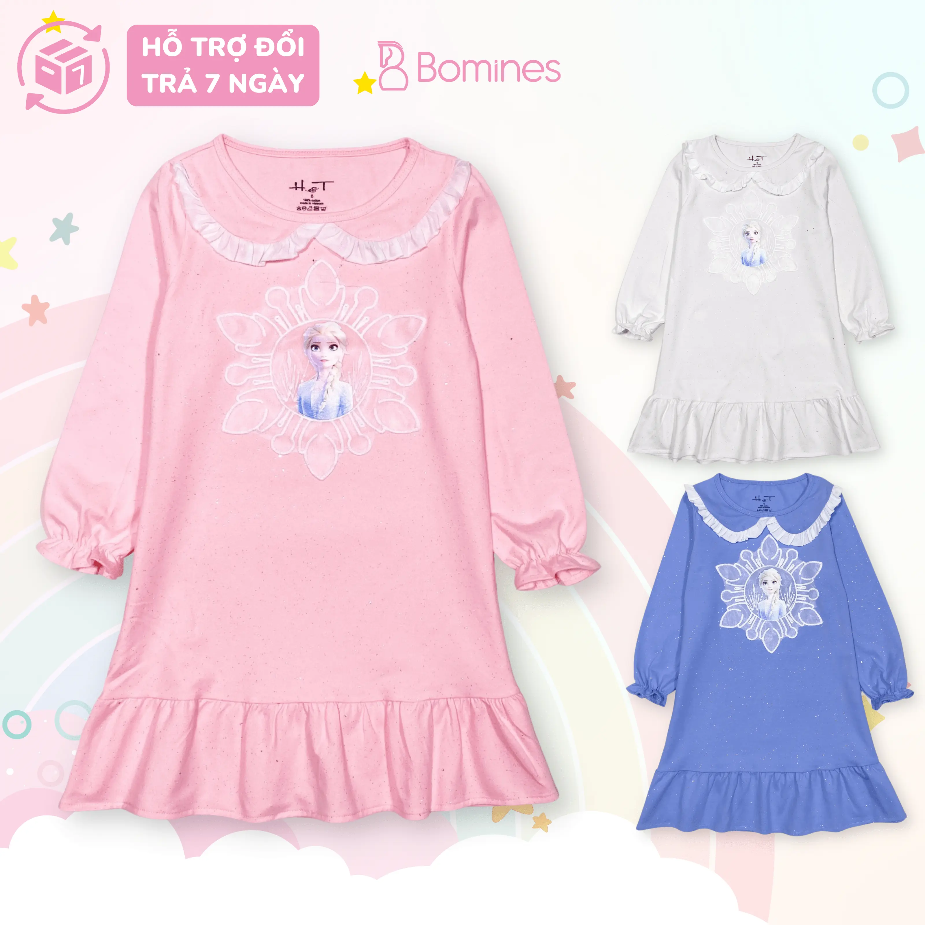 Váy Bé Gái Elsa Bomines, Đầm Tay Dài Elsa Cổ Sen Cho Bé Từ 3 Tuổi Đến 10 Tuổi Khoảng 12kg Đến 30kg Cotton Thun