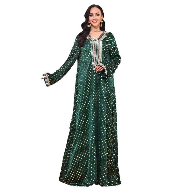 2025 Middle East Women's New V-neck Abaya Robe Muslim Large Swing Long Dress Bronzing Dress 4