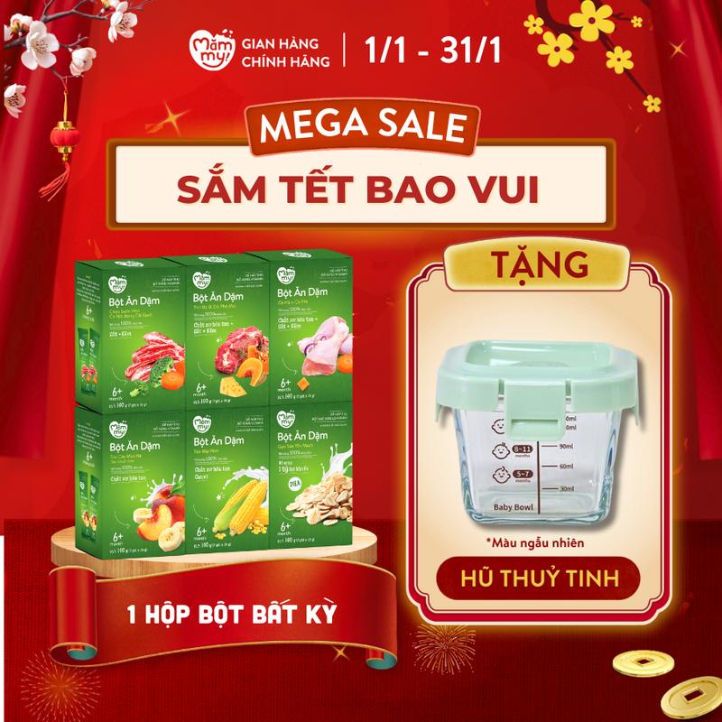 [Tặng HŨ THỦY TINH]  1 hộp bột ăn dặm Mămmy đầy đủ vị cho bé (bắp non, yến mạch, trái cây mùa hè, gà hầm cà rốt, thịt bò bí đỏ phô mai, cháo sườn heo cà rốt bông cải xanh) hộp 7 gói x 20g