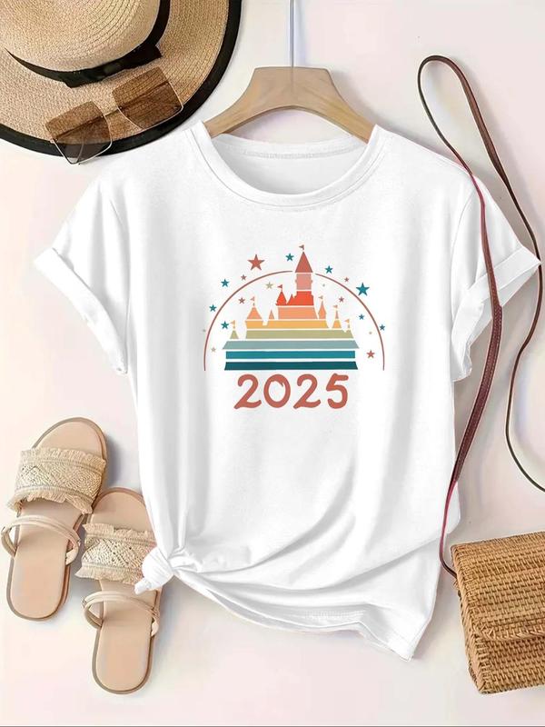 【Plus Size】 Cartoon Castle & Figure Print Round Neck Tee, Casual Short Sleeve Crew Neck T-shirt for Summer, Women's Plus Clothing for Daily Wear 3
