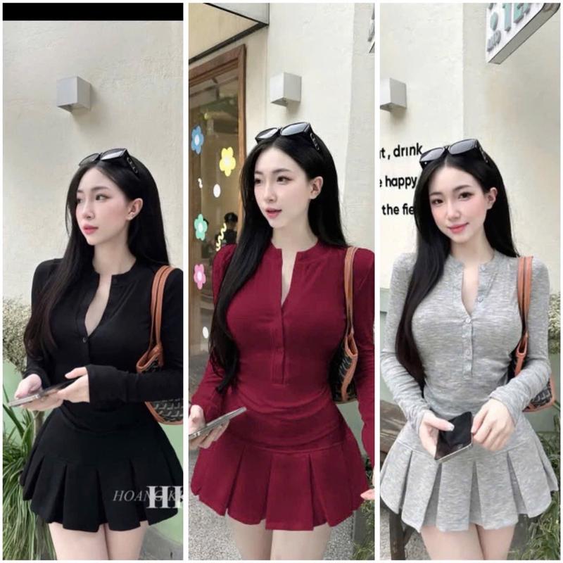 Bigsize 55-85kg Fom ÔM + size Set áo tay dài váy có lót THUN GÂN tăm quần váy  trơn xoè nhẹ Nữ Women