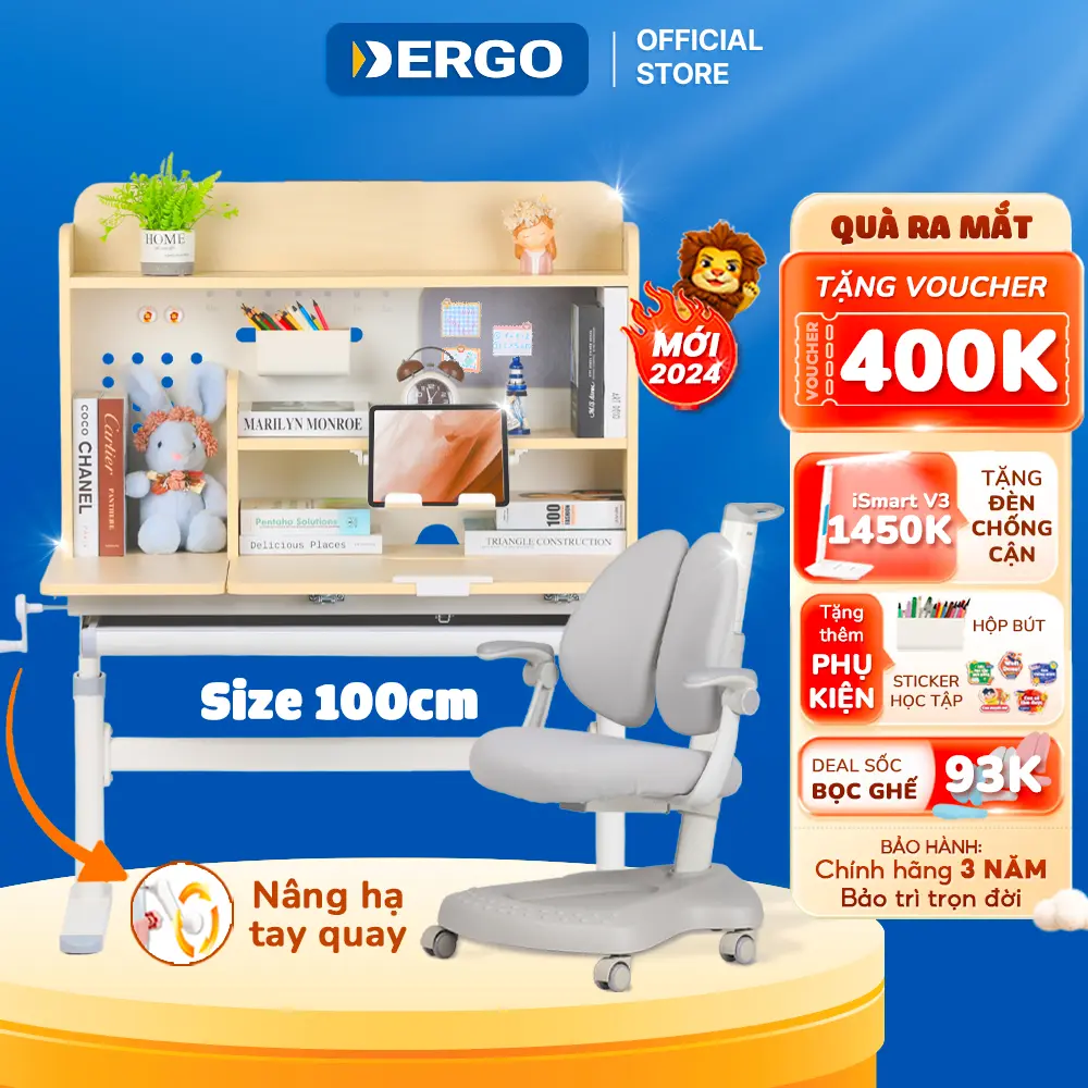 [DERGO HCM] Bộ Bàn Học Thông Minh DERGO LEO X1000H Rộng 1m Giá Sách Lớn Chống Gù Chống Cận