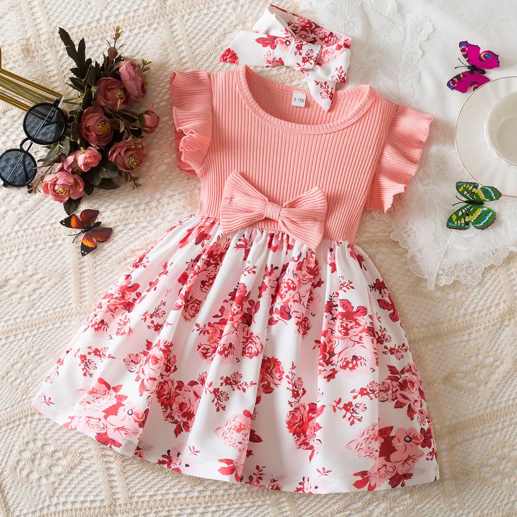 Pakaian Bayi Perempuan, Gaya Puteri, untuk Kanak-kanak berumur 6M hingga 3 Tahun, Ikatan bentuk rama-rama Manis, Lengan Terbang, Bahan Sifon, Rekaan Bunga Ruffle, Pakaian Hijau