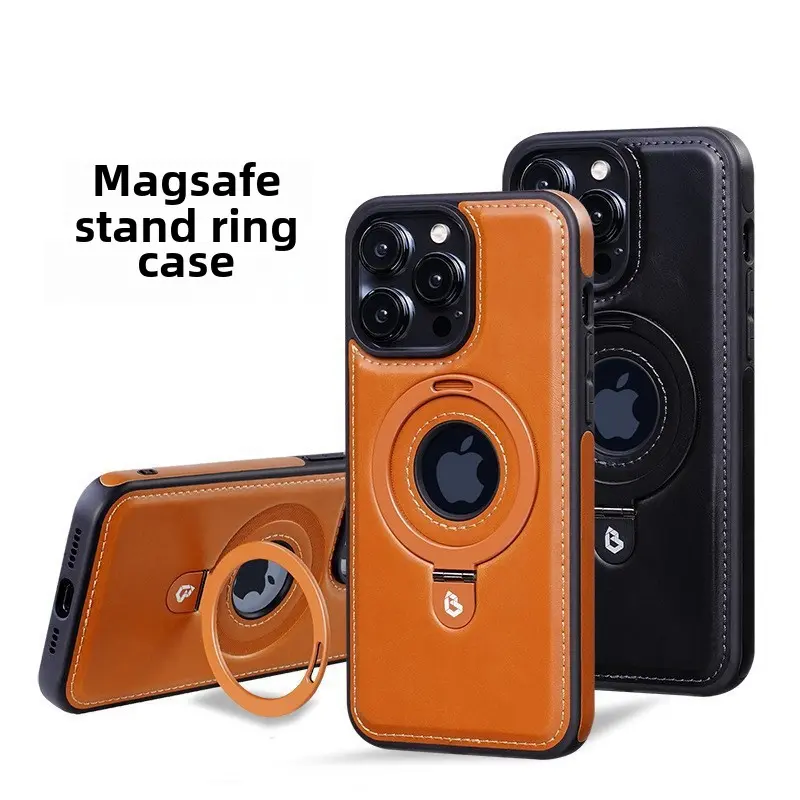 Magnetic Phone Case, Luxurious Genuine Leather, Suitable for iPhone 12 13 14 15 16 Pro Max and 14 15 16 Plus, Magnetic Safety Protective Case, with P-shaped Fixing Ring, Stand Logo, Cut-out Back Cover