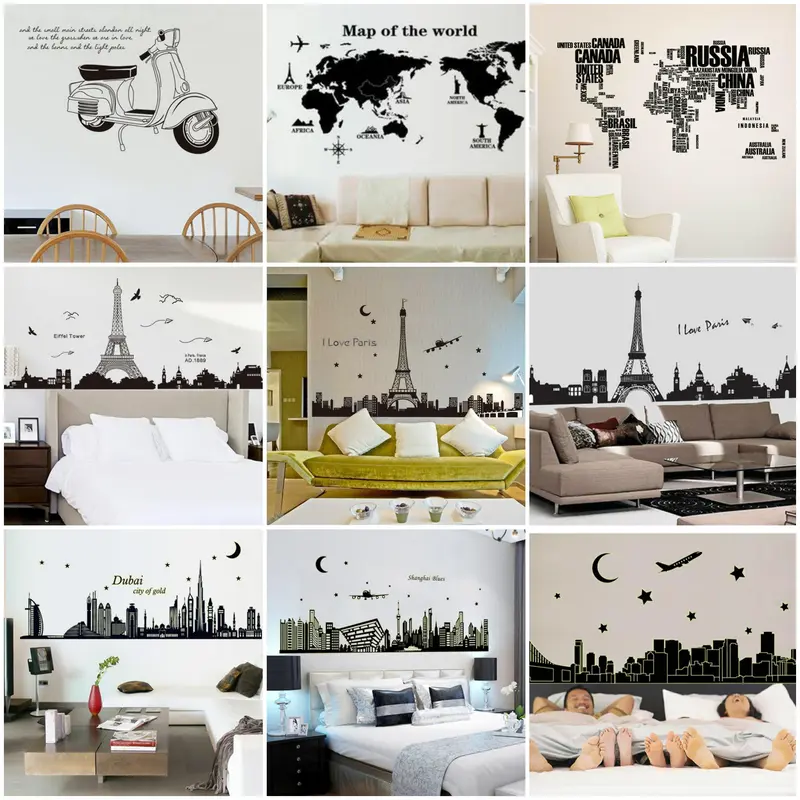 Juragan Stiker Dinding Kota Paris Sanghai Dubai Warna Hitam Bahan Vinyl PVC Pekerat Kuat dan Tahan Air untuk Kamar Tidur Ruang Tamu Aesthetic 0