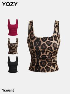 YOZY Women's Solid / Leopard Print Ruched Scoop Neck Tank Top, Casual Sleeveless Top for Daily Wear, Ladies Clothes for All Seasons