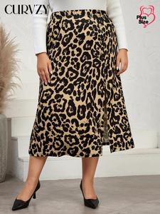 CURVZY Plus Size All Over Leopard Print Ribbed Skirt, Casual Fashion Comfy Elastic Waist Skirt for Daily Outdoor Wear, Women Plus Clothing for All Seasons