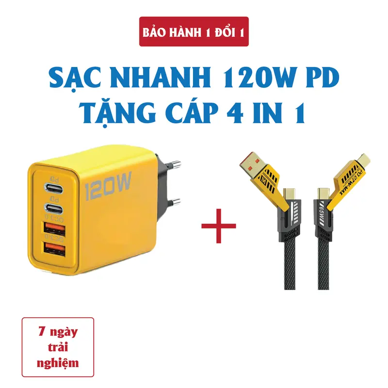 Củ sạc nhanh 4 cổng, 120W: 2 cổng Type C + 2 cổng USB – Tặng cáp sạc nhanh 4 in 1. Cốc sạc nhanh 120W, Phụ kiện điện thoại 0