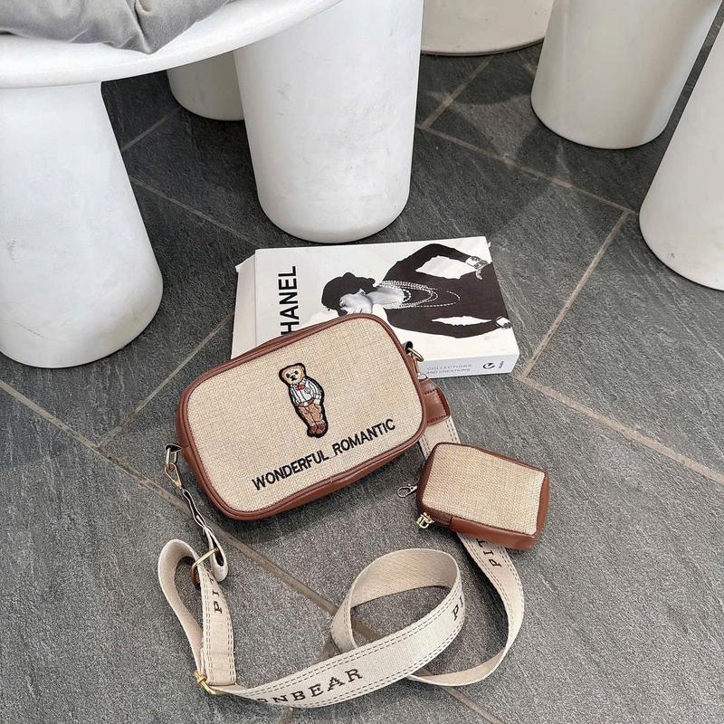 Product Introduction of Set 2 Túi Ví nữ đeo vai sang chảnh hình gấu thêu hàng trend 2024 HT569 Bag Nhung chéo 6