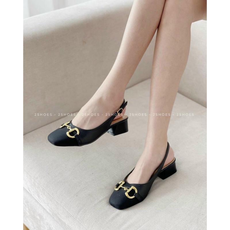 Giày sandal dáng slingback nữ mũi tròn phối khoá xinh xắn đế 3cm 2 màu đen trắng phong cách công sở nữ tính - Mã G55 DéP Shoes Cao Su 5