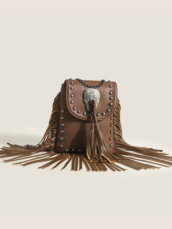 Women's Punk Style Rivet & Tassel Decor Crossbody Bag, Trendy Vintage Crossbody Bag, Chic Crossbody Bag for Daily Use 5