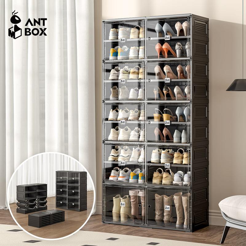 Tủ Hộp Giày, ANBOX, Màu Đen, Có Bánh Xe, Hộp Đựng Trưng Bày Giày, Dễ Lắp Đặt, Có Thể Gập Lại, Thích Hợp Cho Gia Đình, Có Nắp Đậy, Dung Tích Lớn, Lắp Đặt Miễn Phí, Chắc Chắn, Dụng Cụ Sắp Xếp Giày