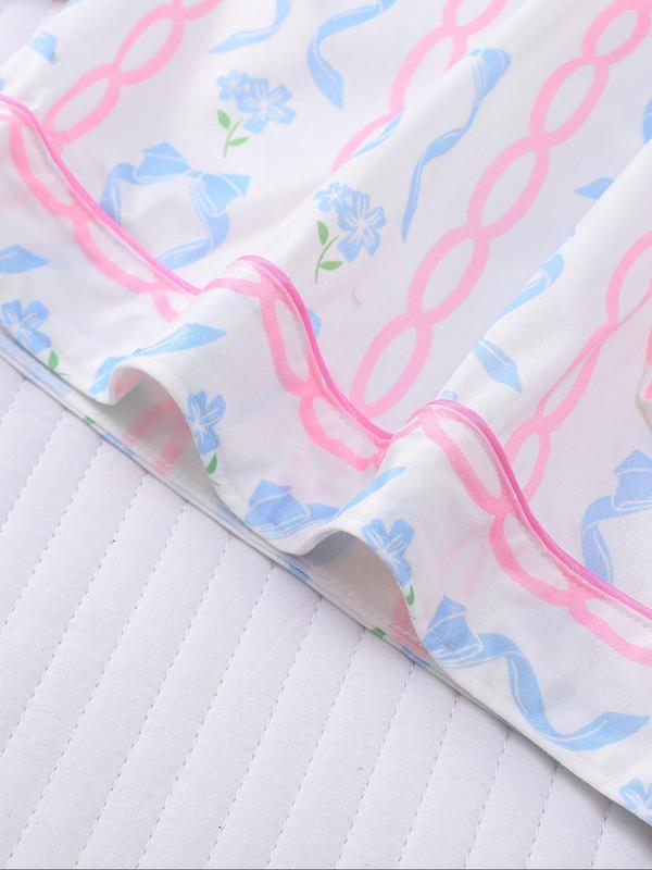 Women's Bowknot Print Lapel Neck Top & Elastic Waist Shorts Pyjama Two-piece Set, Casual Comfy Short Sleeve Top & Shorts Pj Set, Ladies Summer Sleepwear, Loungewear, Pajamas 8