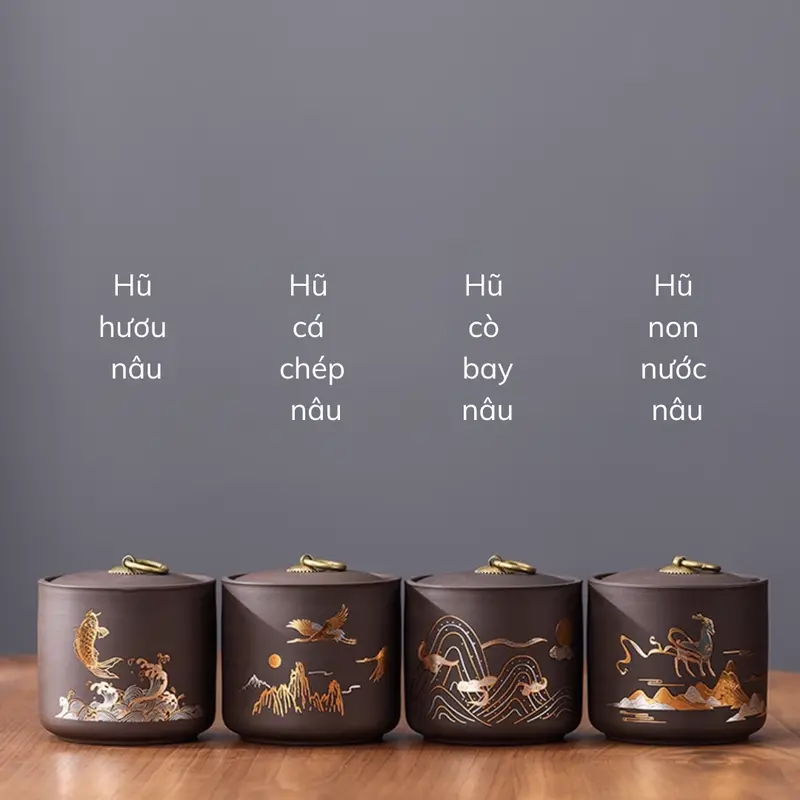 Hộp đựng trà gốm tử sa, hũ đựng trà họa tiết mạ ánh kim cỡ lớn, nắp khít cao cấp Đựng Gia Vị Bình 7