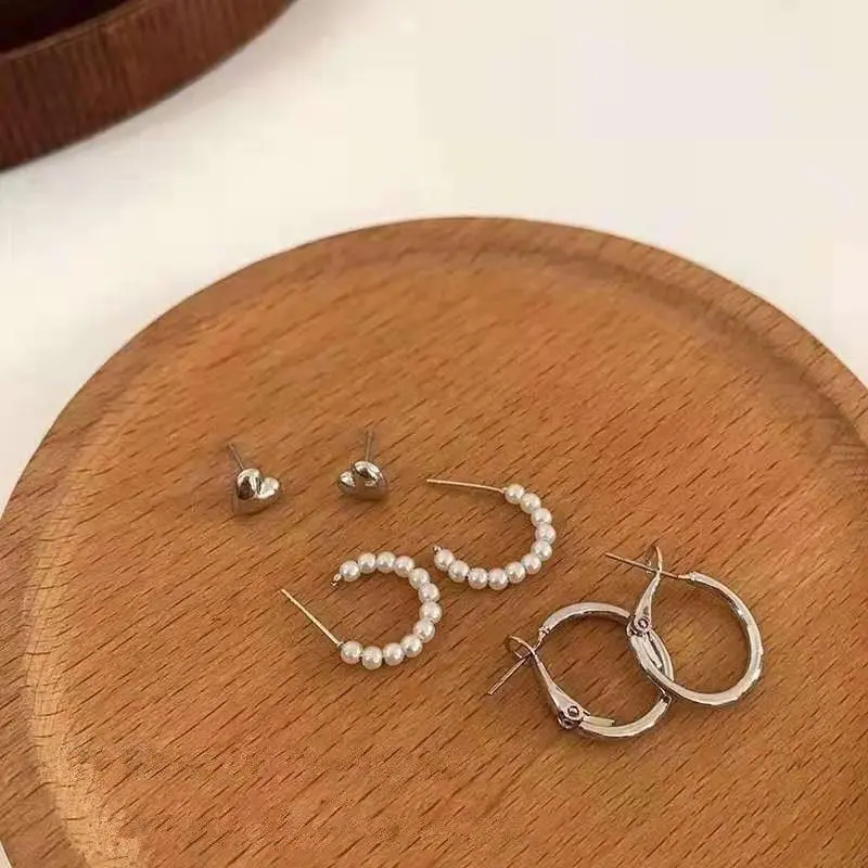 NARA - Earrings Anting Tusuk Tindik Telinga Perak Set / 6 Pcs Wanita Aesthetic Aksen Love Hati Pearl Mutiara Perhiasan Aksesoris Fashion Wanita Korea Style [I3-5]