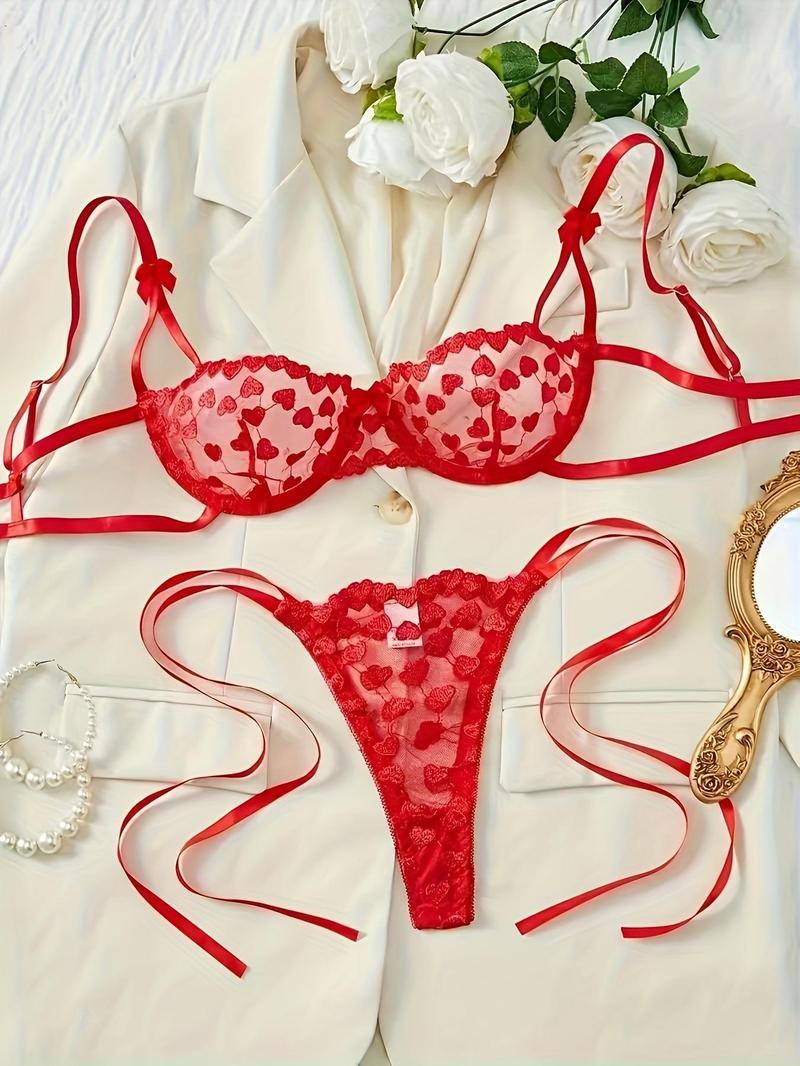 Product Introduction of Women's Heart Embroidery Contrast Mesh Lace Bra & Thong Sexy Lingerie Set, Sexy Comfortable Breathable Underwear Set for Women, Lingerie Set for All Seasons 4
