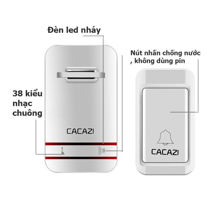 Bộ chuông cửa không dây không pin Cacazi - Phân loại 1 nút 1 chuông - Chống nước siêu bền