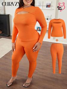 CURVZY Plus Size Solid Cut Out Tee & Elastic Waist Pants Ribbed Two-piece Set, Casual Fashion Cozy Round Neck Long Sleeve Top & Skinny Trousers for Daily Outdoor Wear, Women's Two-piece Outfits for Fall & Winter