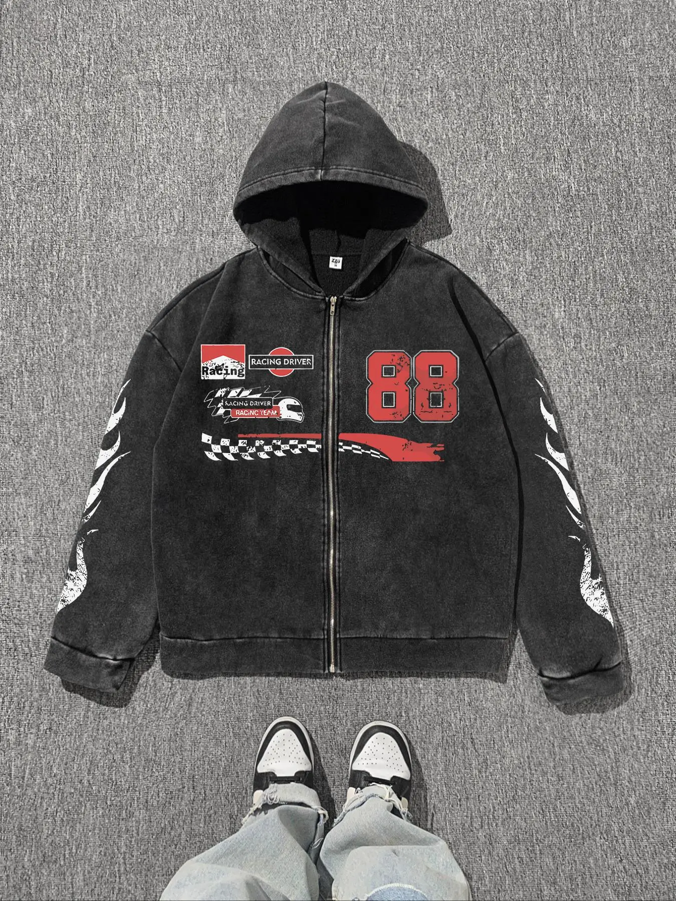 Men's Regular Fit Vintage Car & Number Print Zip Up Hoodie, Casual Retro Long Sleeve Hooded Sweatshirt for Spring & Fall, Fashion Men's Clothes for Daily Wear, Tops, Cotton