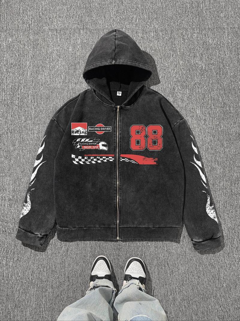 Product Introduction of Men's Regular Fit Vintage Car & Number Print Zip Up Hoodie, Casual Retro Long Sleeve Hooded Sweatshirt for Spring & Fall, Fashion Men's Clothes for Daily Wear, Tops, Cotton 1