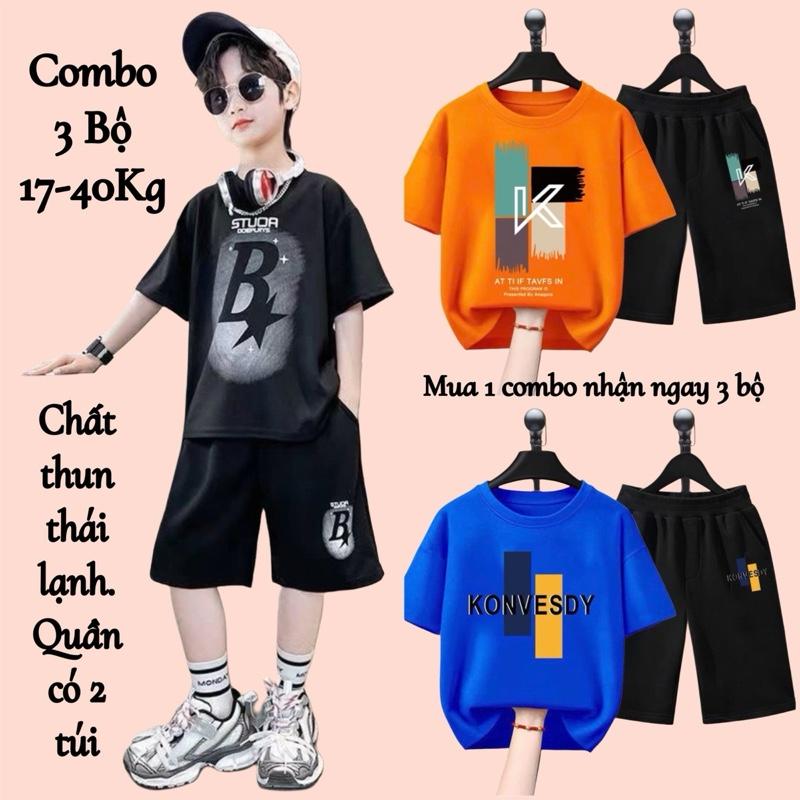 Combo 3 Bộ quần áo bé trai mùa hè size đại từ 17 đến 40kg, chất thun co giãn, mềm mát, phong cách Hàn Quốc cho bé trai từ 5 đến 14 tuổi, dáng quần đùi áo cộc tay thể thao. quần  áo đồ