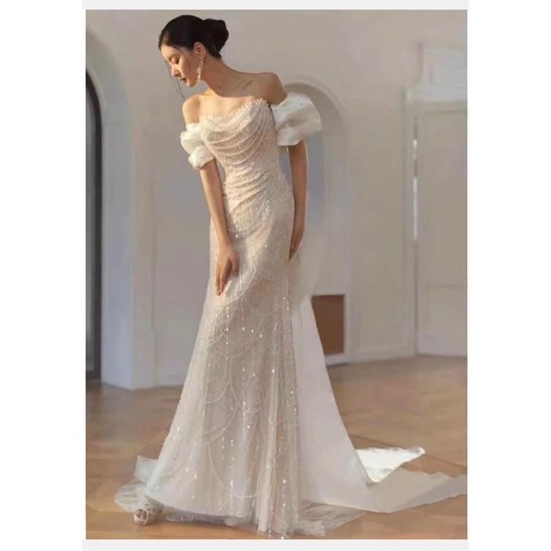 Váy cưới đầm dạ hội đuôi cá đi bàn cô dâu sang trọng tà rời kim sa trễ vai cao cấp Kimmei