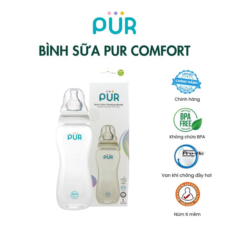 PUR - BÌNH SỮA PUR COMFORT CỔ HẸP (Tặng núm ti sz tự chọn) bình pur  cổ hẹp