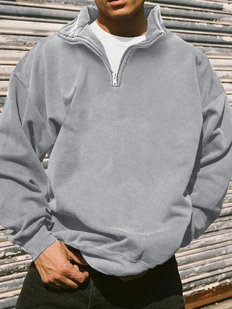 Product Introduction of Unisex Men's Solid Drop Shoulder Zip Up Sweatshirt, Loose Casual Long Sleeve Collared Pullover for Fall & Winter, Men's Clothes for Daily Wear 12
