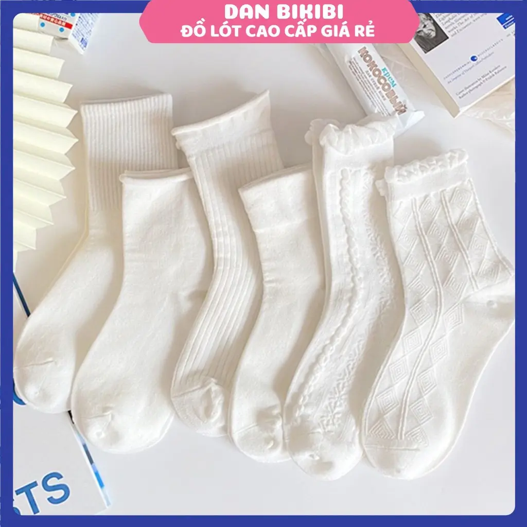Set 10 Đôi Tất Nữ Cổ Cao Đẹp Dệt Kim Trắng Tinh Phong Cách Vintage Hàn Quốc Chất Liệu Cotton Được Chọn Màu Mẫu T16