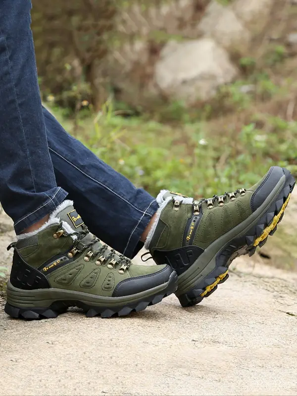 Men's Solid Color Lace Up Ankle Boots, 2024 New Style Casual Sporty Warm Snow Boots for Outdoor Hiking, Non-slip Comfortable Camping Shoes for Fall & Winter 2