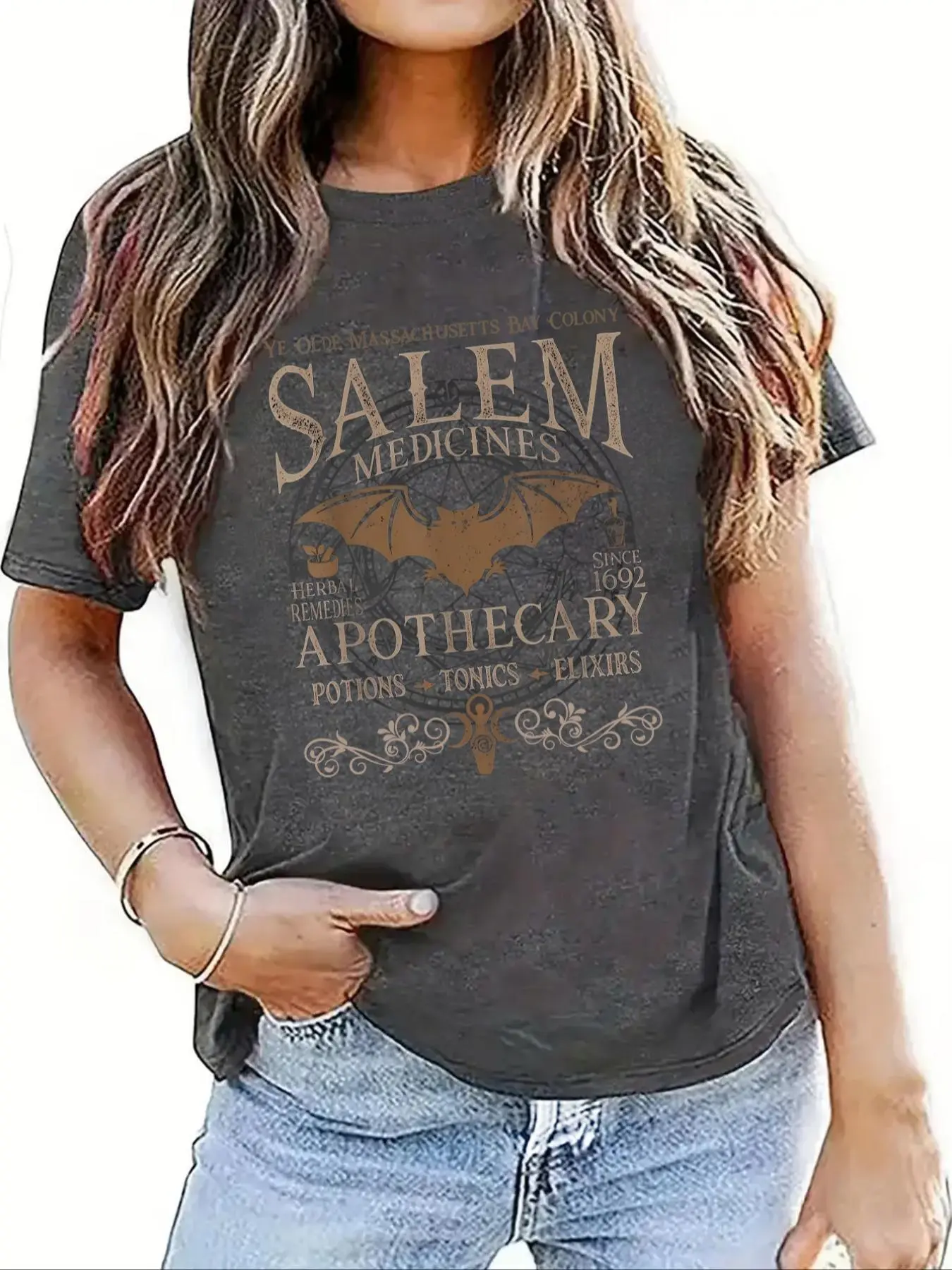 Women's Letter Print Round Neck Tee, Casual Short Sleeve Crew Neck T-shirt for Fall & Winter, Women's Top for Daily Wear