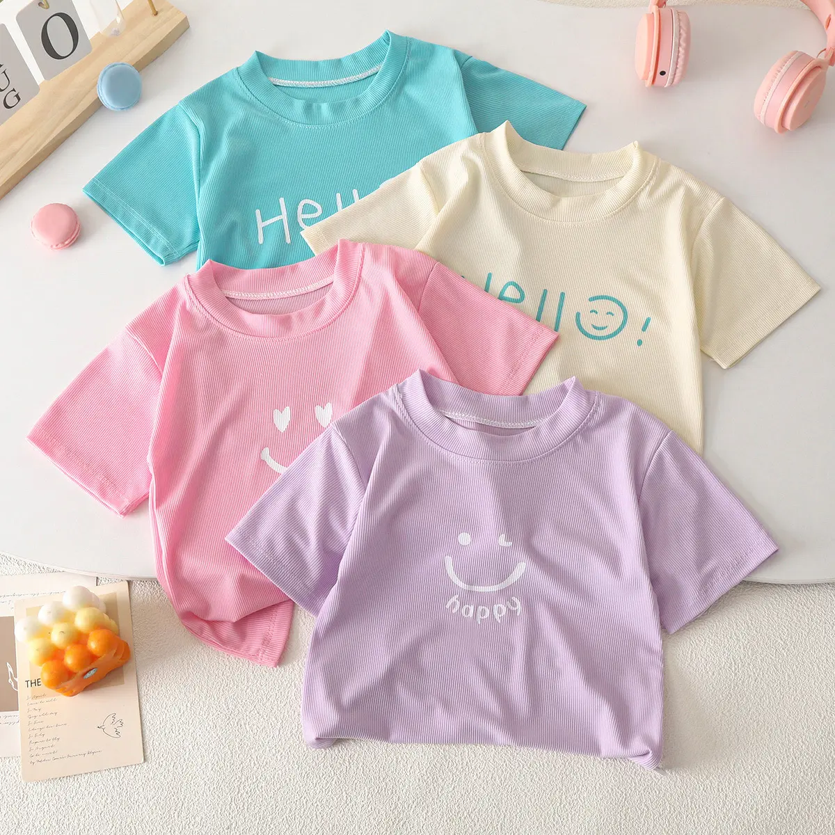 Cool Summer Candy Color Children's Summer Short-Sleeved T-shirt, round Neck Ice Silk Shake T, Baby Boy Baby Girl Top Solid Color