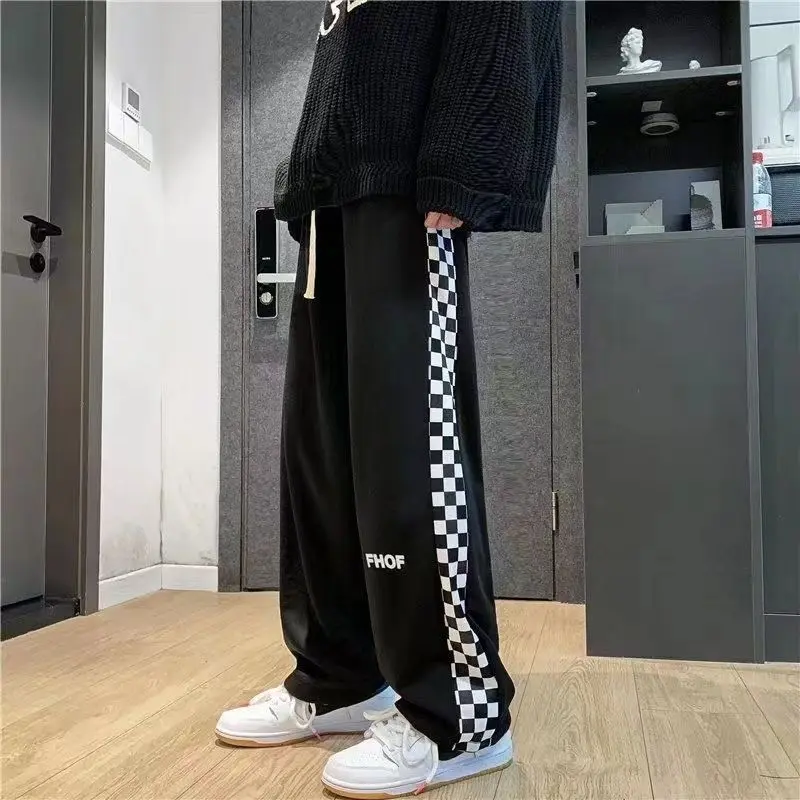 Quần Ống Rộng, Thiết Kế Ca Rô Đen Trắng, Unisex, Phong Cách Hồng Kông, Cắt Thẳng Và Rộng Rãi, Quần Thường Ngày Xu Hướng Ins, Phong Cách Nhật Bản, Quần Đường Phố Cao Cấp