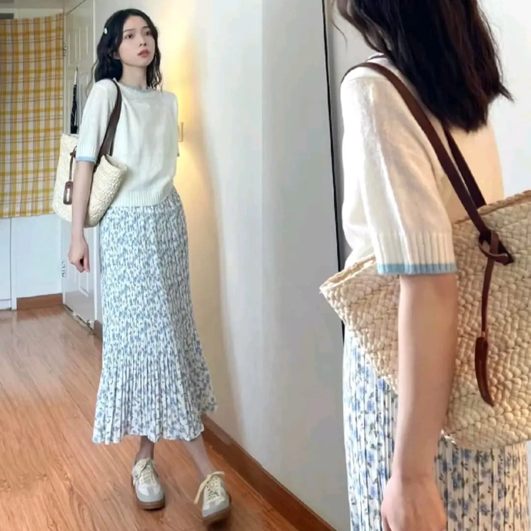 chân váy midi dập li hoa nhí hàn quốc