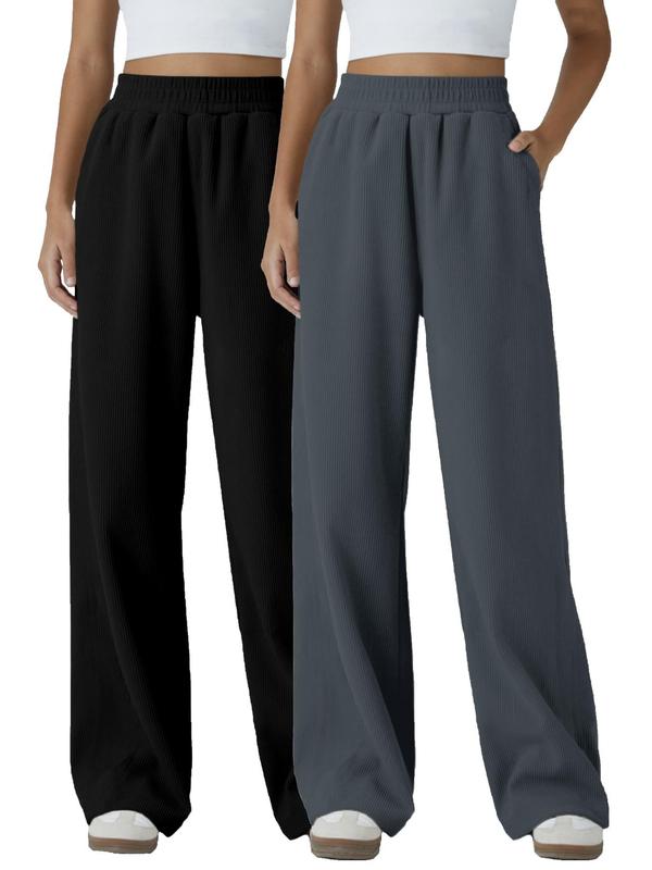 Sporty Women's Solid Color Elastic Waist Ribbed Outdoor Pants, Casual Comfy High Waist Pocket Sports Trousers for Outdoor Daily Wear, Ladies Sportswear for All Seasons 4