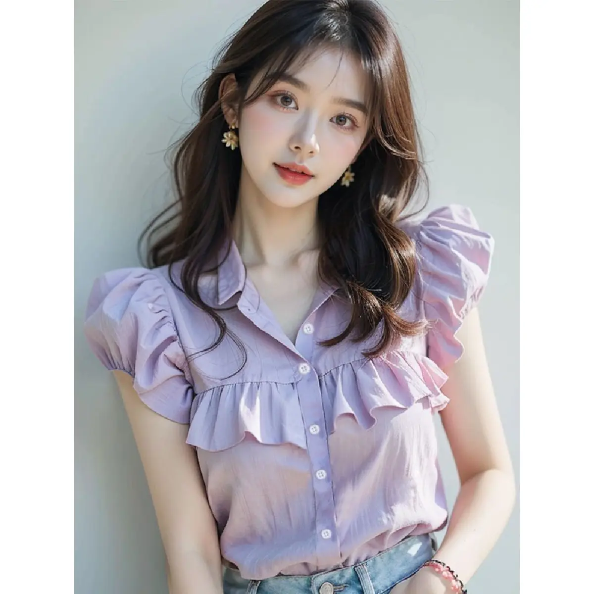 (in Stock) French Style Beautiful Chic Shirt Short Sleeve Women's 2024 Summer New Elegant Ruffle Puff Sleeve Shirt Cardigan Fashion Top Blouse Lingerie