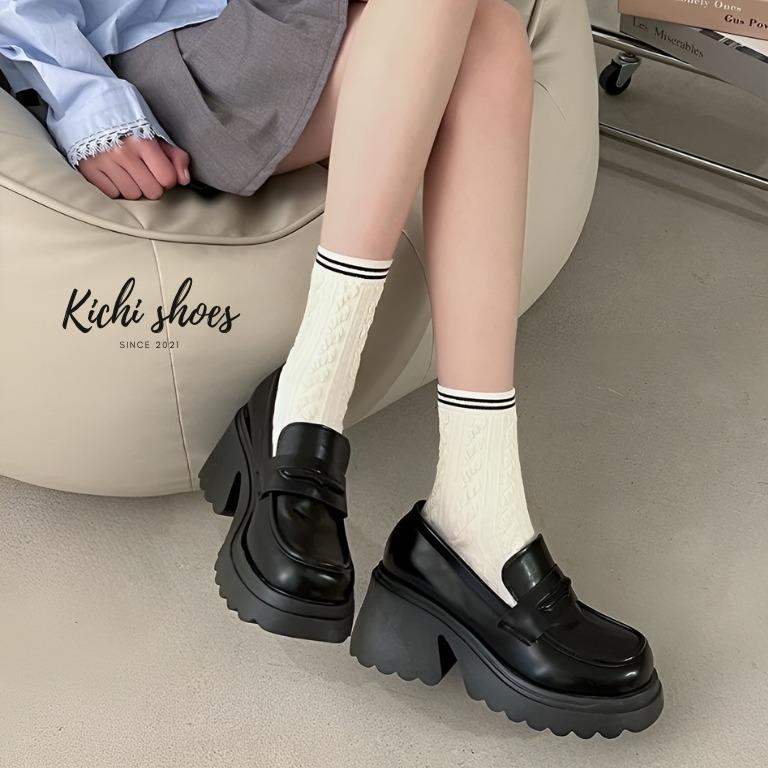 Giày loafer Nữ (CÓ SẴN) đế sóng muffin loafers giày da đế dày tăng chiều cao 7,5cm phong cách lolita Nhật Bản giày công sở giày đi học tôn dáng Kichi Shoes mã F03